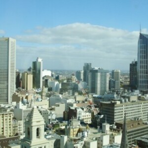 Melbourne city skyline panorama from hotel breakfast lounge