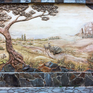 Vintage old fresco decoration on the wall, rural landscape. Evpa
